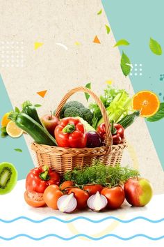 a basket filled with lots of different types of fruits and vegetables on top of a table