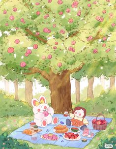 an illustration of two stuffed animals sitting on a picnic blanket under a tree with apples in the background