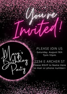 a birthday party flyer with pink and black confetti on the background, including an image of a disco ball