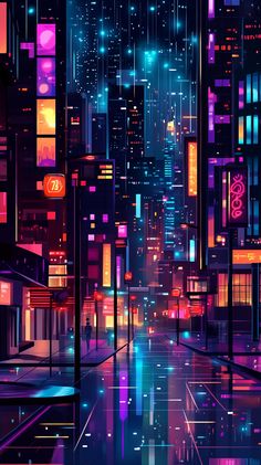 an abstract cityscape with neon lights and buildings