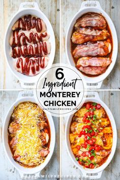 four different types of meats and sauces in pans with text overlay