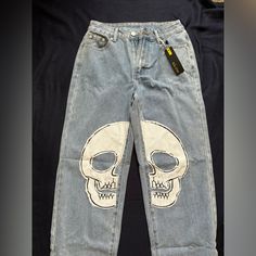 Brand New Jeans From Shein , Skull Printed Towards The Knees , Two Pockets On The Back And Two In The Front Halloween Jeans, Jeans From Shein, Sunflower Outfit, Jean Pocket Designs, Brown Flares, Highwaist Jeans, Shein Jeans, Y2k Pants, Striped Jeans