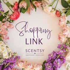 the words shopping link are surrounded by flowers and leaves on a white background with pink, purple, and red blooms