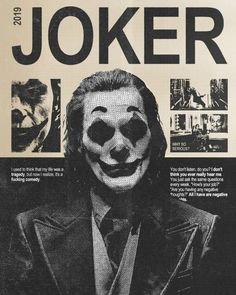 an advertisement for the joker movie with a man in a suit and clown mask on