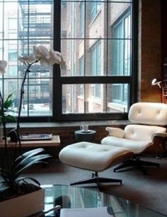 a living room filled with furniture next to a large window covered in lots of windows