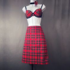 J Crew Red Plaid Pencil Skirt Size 8 Stretch Cotton Back Slit A Punk, Plaid Pencil Skirt, Black Fishnets, White Button Down, Black Turtleneck, Platform Boots, Red Plaid, Stretch Cotton, Knee High Boots