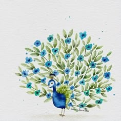 a watercolor painting of a peacock with blue flowers