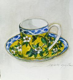 a drawing of two cups and saucers with flowers on them, one is yellow