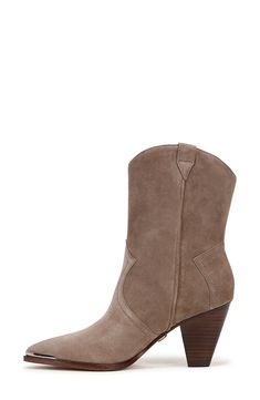 Side pull-tabs and a curved topline add Western-inspired elements to a supple suede boot balanced by a pointy toe and tapered block heel. 3" heel 5 1/2" shaft Pull-on style Leather upper, lining and sole Imported Suede Heeled Boots With Heel Pull Tab, Suede Mid-calf High Heel Boots, Chic Suede Boots With Heel Pull Tab, Suede Mid-calf Boots With Stacked Heel, Suede Mid-calf Boots With Stacked Heel And High Ankle, Suede Heeled Boots With Stacked Heel Pointed Toe, Suede Boots With Heel Pull Tab, Suede Heeled Boots With Almond Toe, Suede Mid-calf Boots With Almond Toe