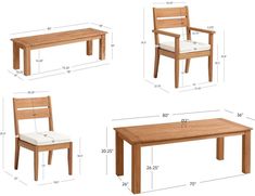 three different types of chairs and tables with measurements