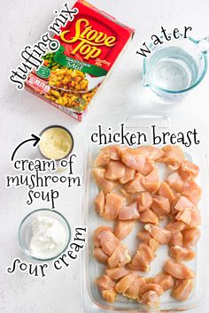 ingredients to make chicken breast soup laid out on a white surface with text overlay