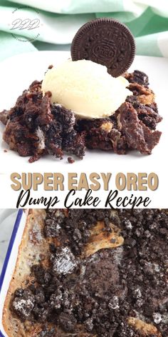 an oreo cake with chocolate chips and ice cream on top is shown in this collage