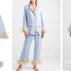 Sleeper Feather Trim Pajama Set As Seen On Secret Lives Of Mormon Wives Glam Party, Feather Trim, Satin Pyjama Set, Sewing Studio, Satin Pajamas, Silk Pajamas, Red Satin, Blue Satin, Lingerie Sleepwear