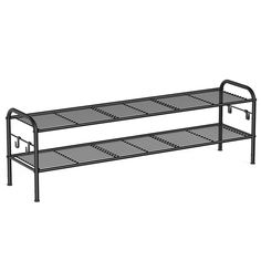 two tiered metal shelf with wheels on the top and bottom, one is black