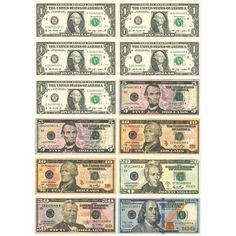 twenty dollar bills arranged in rows on a white background