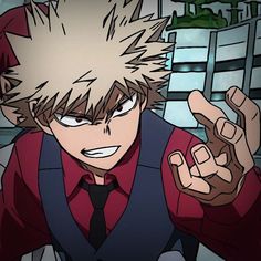 an anime character pointing at the camera with his hand in front of him and buildings behind him