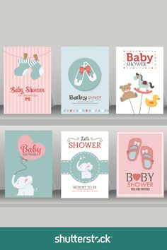 some baby shower cards are shown on a shelf