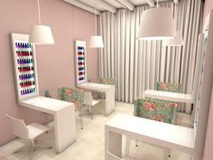 the interior of a nail salon with manicure tables, chairs and lights hanging from the ceiling