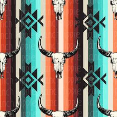 an animal skull with long horns on a colorful striped wallpaper pattern that looks like it has been painted