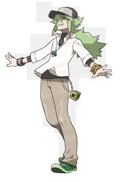 an anime character with green hair and a white shirt is holding his hands out to the side