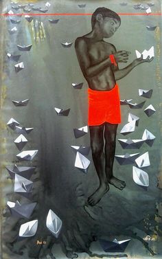 an image of a man standing in the water surrounded by origami