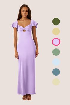 This ankle length dress features a pleated sweetheart neckline, a keyhole, flutter sleeves, and a bow tie strap closure. Light Purple Dress Long, Pastel Purple Bridesmaid, Purple Dresses Long, Pastel Purple Bridesmaid Dresses, Lilac Bridesmaid Dress, Uzun Boy, Lilac Bridesmaid, Light Purple Dress, Purple Bridesmaid Dress