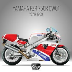 the yamaha fzr 750r motorcycle is shown in red, white and blue