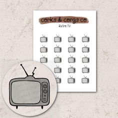 a sticker with an image of a tv and the words corks & co on it