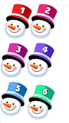 four snowmen with hats and numbers on their faces, one has the number three