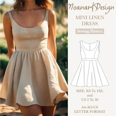 a women's dress sewing pattern with the front and back view of the dress