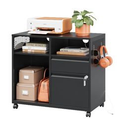 a small black cabinet with drawers and some plants on top, next to a printer