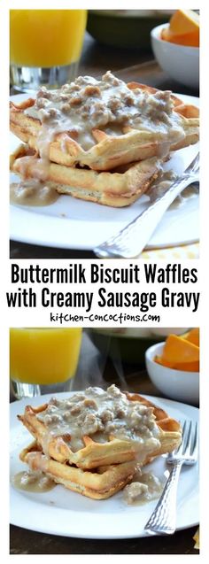 buttermik biscuit waffles with creamy sausage gravy on a white plate