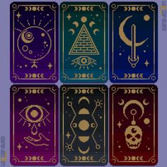 six tarot cards with different symbols on them, all arranged in the same pattern