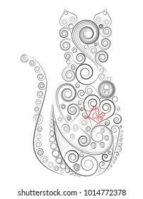 an abstract drawing of a cat with swirls on it's back and tail