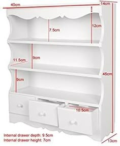 the measurements for an open bookcase with drawers and drawers on each side, including one drawer