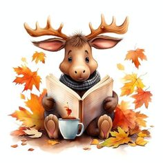 a moose reading a book while holding a cup of coffee in its paws with autumn leaves surrounding it