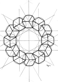 a drawing of a circular object with lines and shapes around it, as well as the center