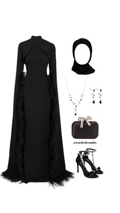 a black dress and accessories are shown