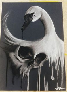 a painting of a white swan with its head in the air and dripping from it's beak