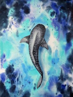 a painting of a dolphin swimming in the ocean with blue and white watercolors