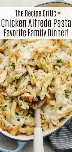 the recipe for chicken alfredo pasta is in a skillet