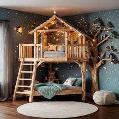 a child's bedroom with a tree house bed