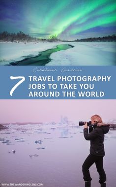 a woman taking pictures with her camera and the words travel photography jobs to take you around the world