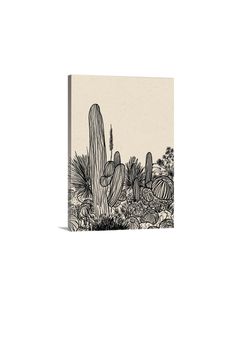 a black and white drawing of cactus plants