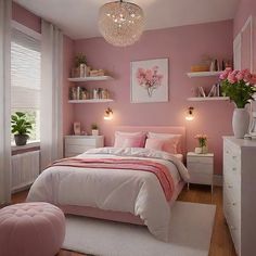 a bedroom decorated in pink and white with flowers on the nightstands, bookshelves