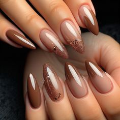 Nails In Brown Skin, Mocha Ombre Nails, Nail Art For Brown Skin, Brown Ombre Nails Almond, Brown Nails Design Almond, French Manicure Brown, Soft Brown Nails, Brown Oval Nails, Nails For Black Skin