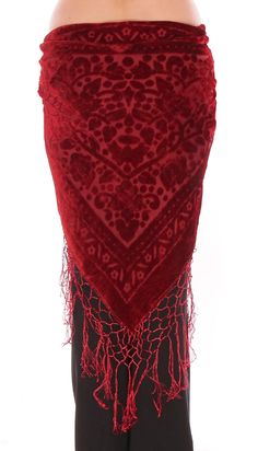 Floral Pattern Burnout Velvet Shawl Hip Scarf with Fringe - BURGUNDY Spanish Shawl, Solo Dress, Hip Scarf, Boho Goth, Velvet Shawl, Hip Scarves, Scarf With Fringe, Larp Costume, Burnout Velvet