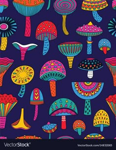 colorful mushrooms pattern on blue background