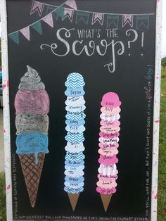 an ice cream cone sign with the words what's the scoop?