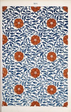 an orange and blue floral design on white fabric